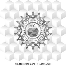 apple icon inside grey icon or emblem with geometric cube white background