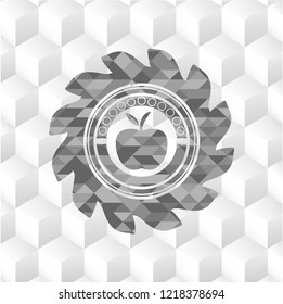 apple icon inside grey emblem. Retro with geometric cube white background