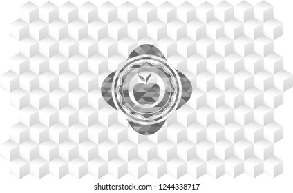 apple icon inside grey icon or emblem with geometric cube white background