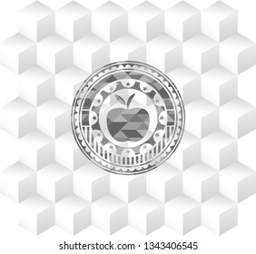 apple icon inside grey emblem with cube white background