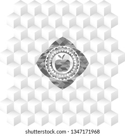 apple icon inside grey emblem with cube white background