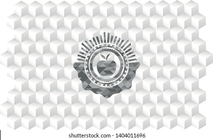 apple icon inside grey emblem with geometric cube white background