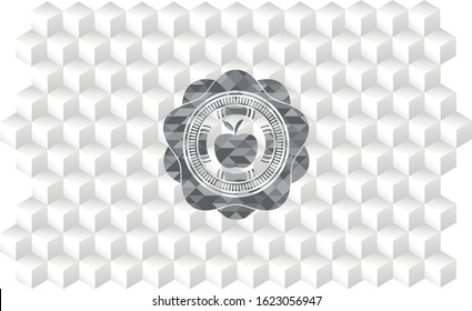 apple icon inside grey icon or emblem with geometric cube white background