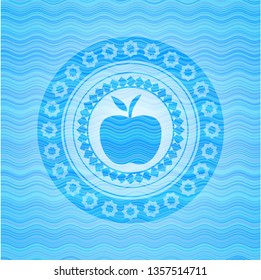 apple icon inside light blue water style emblem.