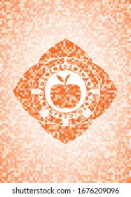 apple icon inside orange tile background illustration. Square geometric mosaic seamless pattern with emblem inside.