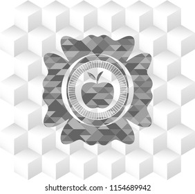 apple icon inside realistic grey emblem with geometric cube white background