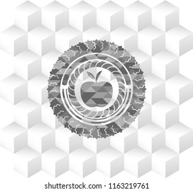 apple icon inside realistic grey emblem with cube white background