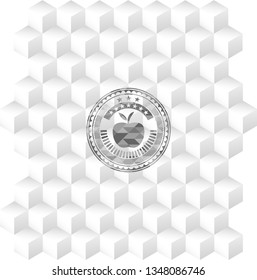 apple icon inside realistic grey emblem with geometric cube white background