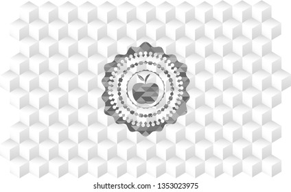 apple icon inside realistic grey emblem with geometric cube white background
