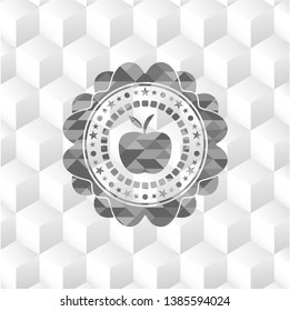 apple icon inside realistic grey emblem with cube white background