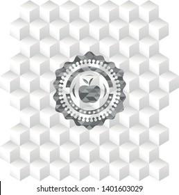 apple icon inside realistic grey emblem with cube white background