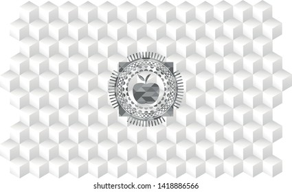 apple icon inside realistic grey emblem with geometric cube white background