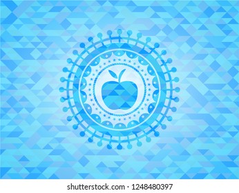 apple icon inside realistic sky blue emblem. Mosaic background