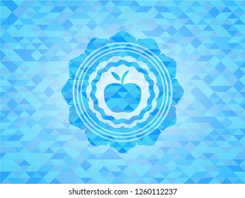 apple icon inside realistic sky blue emblem. Mosaic background