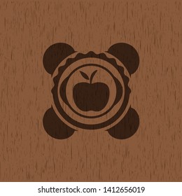 apple icon inside realistic wood emblem