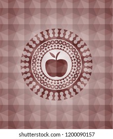 apple icon inside red emblem or badge with abstract geometric polygonal pattern background. Seamless.