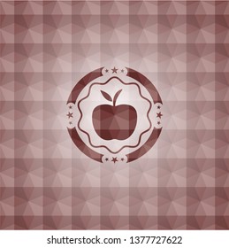 apple icon inside red emblem with geometric pattern background. Seamless.