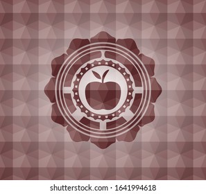 apple icon inside red emblem or badge with abstract geometric polygonal pattern background. Seamless.