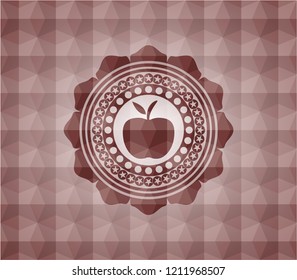apple icon inside red seamless emblem or badge with geometric pattern background.