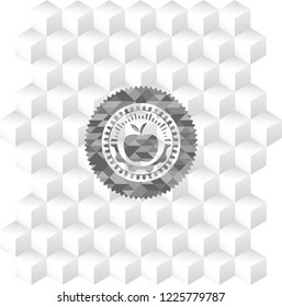 apple icon inside retro style grey emblem with geometric cube white background