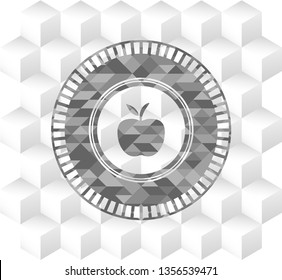 apple icon inside retro style grey emblem with geometric cube white background