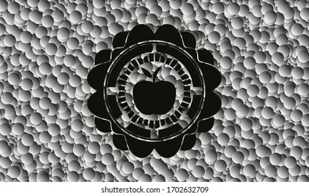 icono de manzana dentro del emblema negro estilo retro con fondo de burbujas grises. Ilustración vectorial. Detallado. 