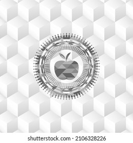 apple icon inside retro style grey emblem with geometric cube white background. 