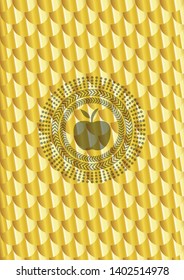 apple icon inside shiny golden badge. Scales pattern. Vector Illustration. Detailed.