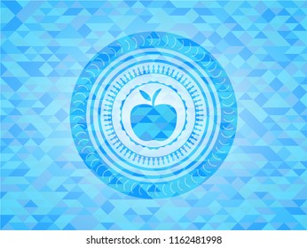 apple icon inside sky blue emblem with triangle mosaic background