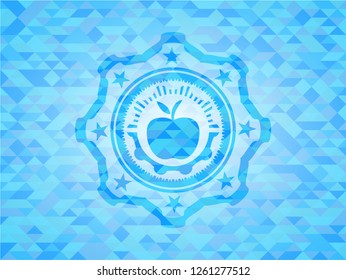 apple icon inside sky blue emblem. Mosaic background