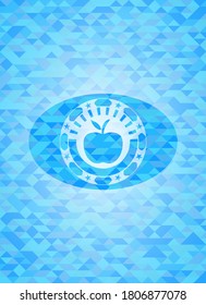 apple icon inside sky blue emblem with mosaic background. 