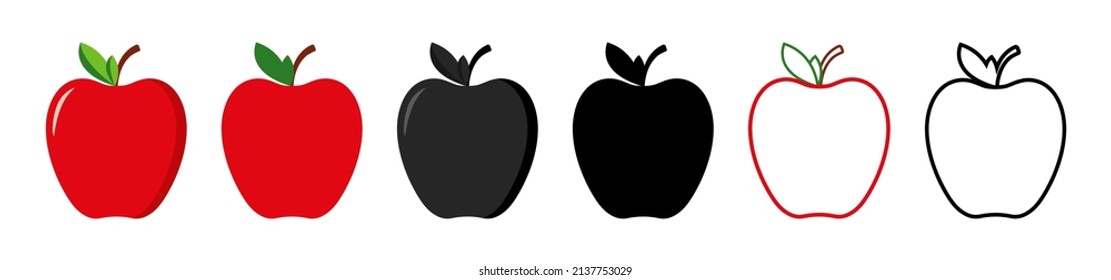 Icono de Apple. Apple con hoja. Icono de fruta de contorno rojo y negro. Alimentos saludables. Siluetas aisladas de fondo blanco. Logotipos sencillos y planos. Vector.