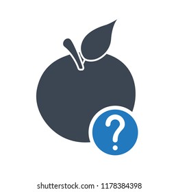 Apple icon, nutrition icon with question mark. Apple icon and help, how to, info, query symbol. Vector illustration