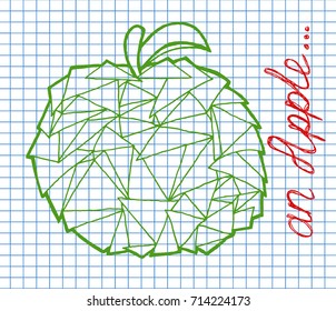 Apple icon on copybook background. Polygon apple. low poly apple.