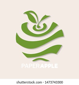 Apple icon in paper cut style. Green apple fruit cutted into pieces. Abstract modern web icon or logo with a text on light background.