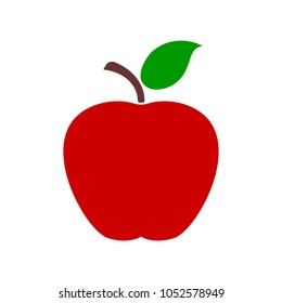 Apple icon, red apple icon with petiole and green leaf, vector illustration.