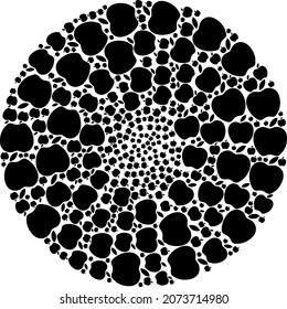 Apple icon rotation round collage. Apple icons are formed into cluster twirl vector illustration. Abstraction round cluster collage designed from regular apple icons.