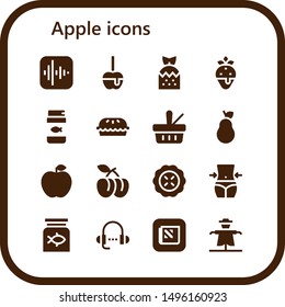 apple icon set. 16 filled apple icons.  Simple modern icons about  - Apple, Caramelized Strawberry, Fish food, Pie, Picnic, Pear, Plum, Fitness, Lesson, Scarecrow