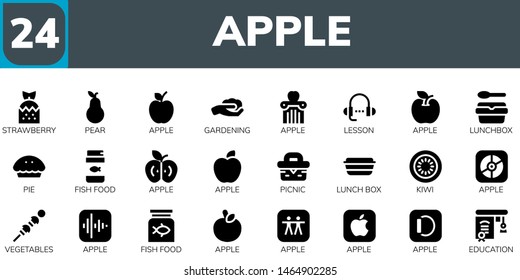 apple icon set. 24 filled apple icons.  Simple modern icons about  - Strawberry, Pear, Apple, Gardening, Lesson, Lunchbox, Pie, Fish food, Picnic, Lunch box, Kiwi, Vegetables