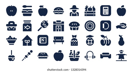 apple icon set. 32 filled apple icons. on blue background style Simple modern icons about  - Apple, Picnic, Fruit bowl, Caramelized Lunchbox, Fish food, Garden, Vegetables