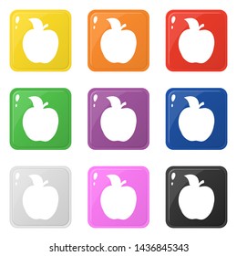 Apple icon set 9 color isolated on white. Collection of glossy square colorful buttons with apple. Vector illustration for design, game, web.