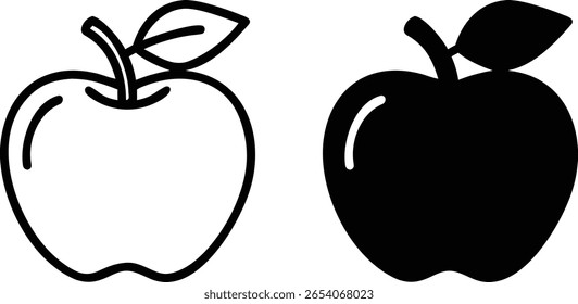 Apple Icon Set Black White Outline Silhouette Vector Fruit Healthy Food Illustration
