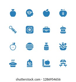 apple icon set. Collection of 16 filled apple icons included Picnic, Apple, Fruit, Pie, Strawberry, Fitness ball, Lunchbox, Training whistle, Education