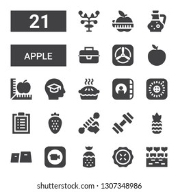 apple icon set. Collection of 21 filled apple icons included Farm, Pie, Strawberry, Apple, Gym, Pineapple, Fitness, Workout, Education, Lunchbox, Vinegar, Fruits