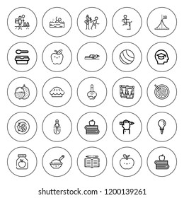 Apple icon set. collection of 25 outline apple icons with baby food, fruit, education, fitness ball, fitness, kneepad, mathematics, lunchbox, lychee icons. editable icons.