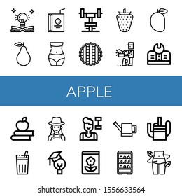 apple icon set. Collection of Education, Pear, Juice box, Waist, Gym, Pie, Strawberry, Producer, Mango, Apple, Chicha de frutilla, Gardener, Fitness, Gardening, Watering can icons