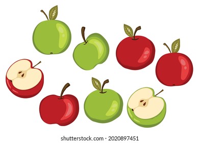 Apple icon set isolated. Natural delicious fresh ripe tasty fruit. Template vector illustration for packaging, banner. Stylized green, red apples with leaves, apple slice. Food concept.
