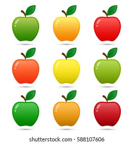 Apple icon set isolated on white background. Colorful glossy fruit collection. Vector flat design elements.