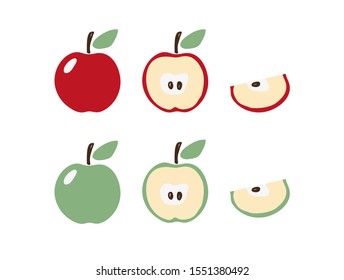 Apple icon set in modern flat design. Apple symbol in red and green with a leaf. Half and a slice of apple. Clip-art for logo, hobby, pattern. Stock vector isolated on white background.