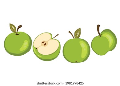 Apple icon set on white background. Natural delicious fresh ripe tasty fruit. Template vector illustration for packaging, banner, card. Stylized green apples with leaves, apple slice. Food concept.